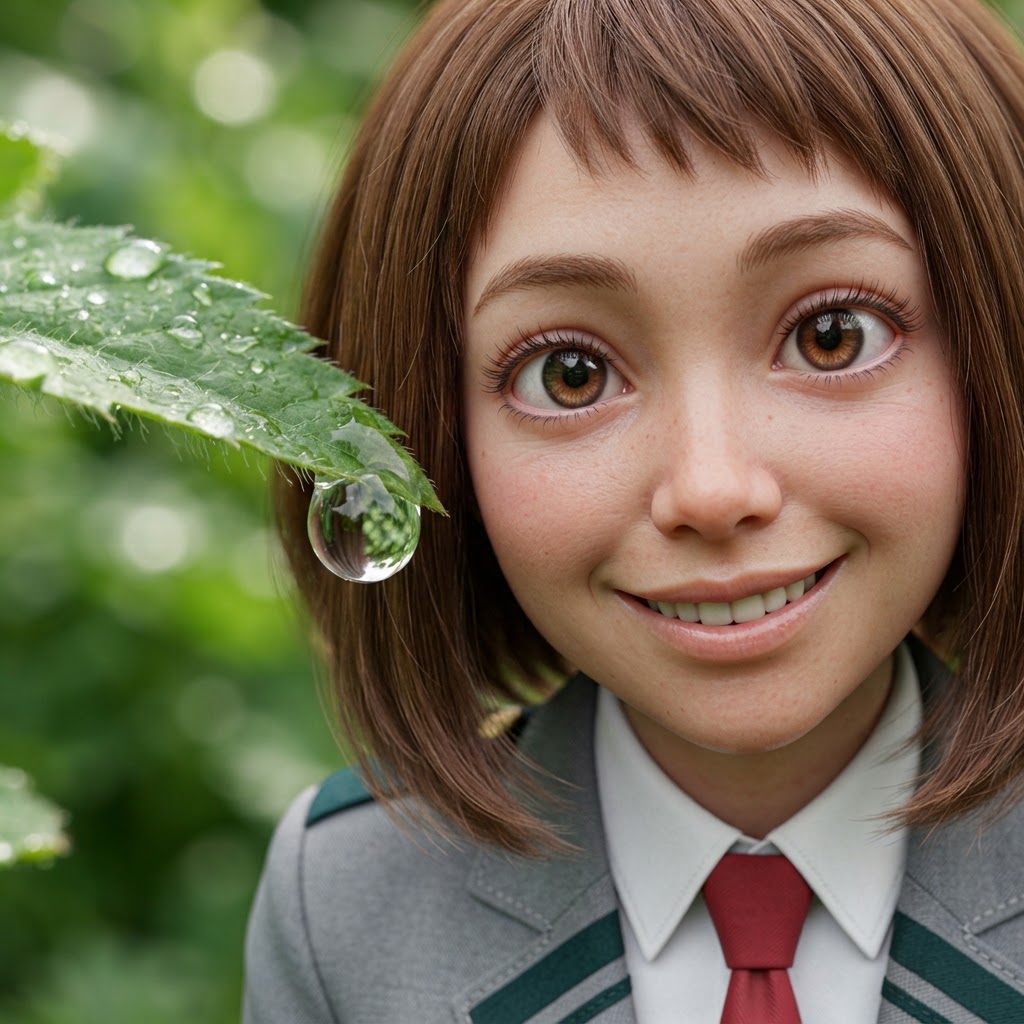 My Hero Academia, Ochako Uraraka, 1girl, young, big brown eyes, short brown hair with baby bangs, school uniform, solo, looking at viewer, smile