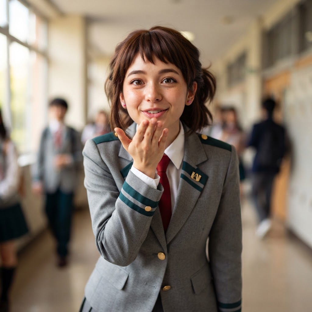 My Hero Academia, Ochako Uraraka, 1girl, young, big brown eyes, short brown hair with baby bangs, medium breasts, school uniform, solo, looking at viewer, blowing kiss