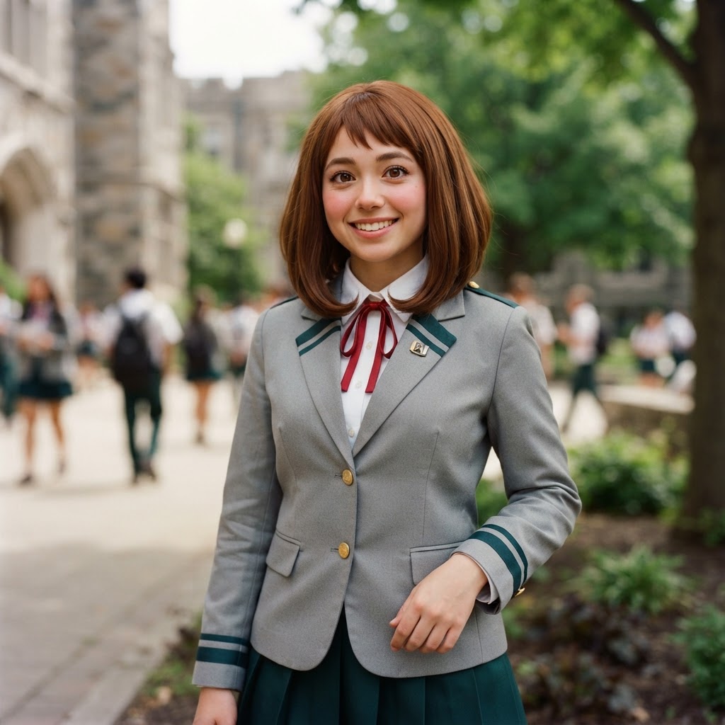 My Hero Academia, Ochako Uraraka, 1girl, young, big brown eyes, short brown hair with baby bangs, school uniform, solo, looking at viewer, smile