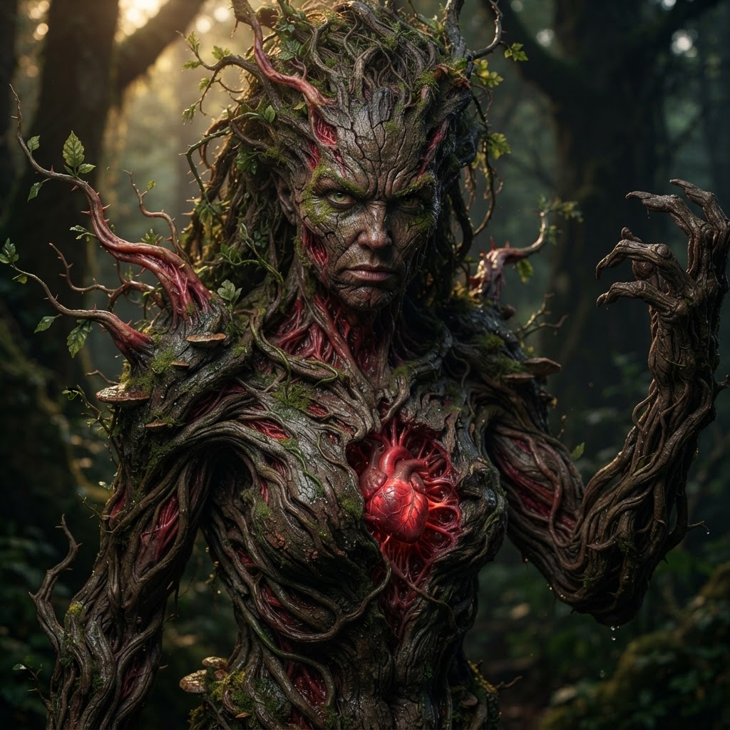 portrait of a large plant creature with bark skin, cracks show pulsing red flesh underneath. Fleshy tendrils potrude from its massive form. its arms are long intertwined roots, at its torsos center glimpses of a red heart can be seen. Gothic fantasy art