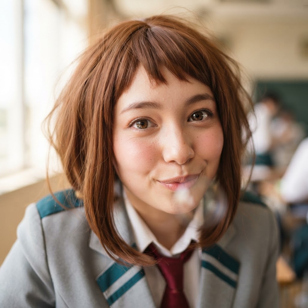 My Hero Academia, Ochako Uraraka, 1girl, young, big brown eyes, short brown hair with baby bangs, school uniform, solo, face focus, looking at viewer, eye contact, kissing the camera 