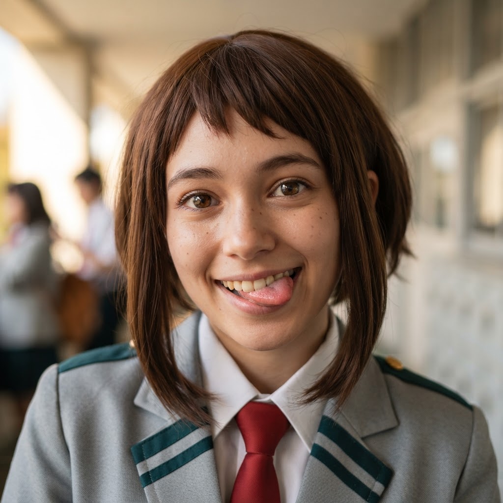 My Hero Academia, Ochako Uraraka, 1girl, young, big brown eyes, short brown hair with baby bangs, school uniform, solo, face focus, looking at viewer, smile, tongue out