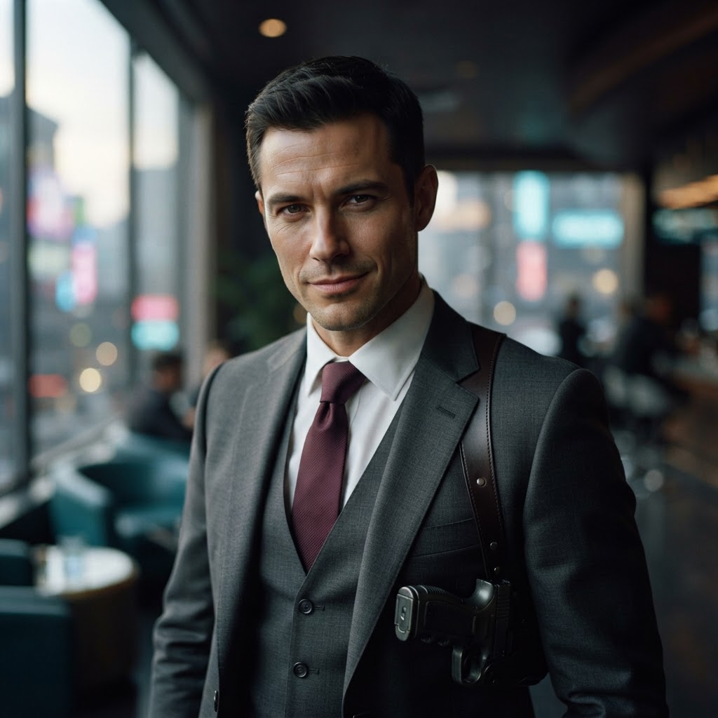 A Shadowrun character, male human, Face 