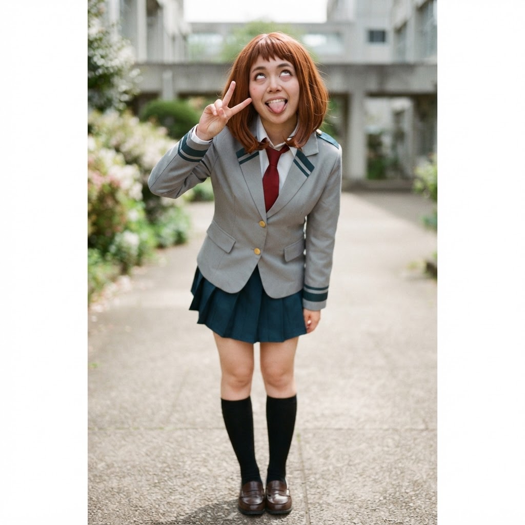 My Hero Academia, Ochako Uraraka, 1girl, young, big brown eyes, short brown hair with baby bangs, school uniform, solo, full body, standing, eyes rolled back, open mouth, tongue out, doing the v