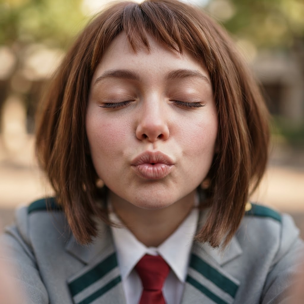 My Hero Academia, Ochako Uraraka, 1girl, young, short brown hair with baby bangs, school uniform, solo, face focus, closed eyes, kissing the camera 