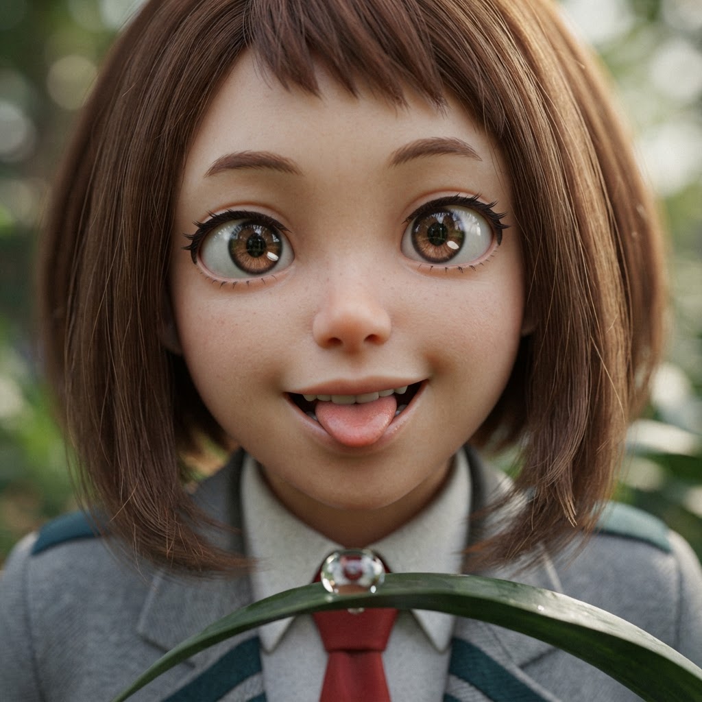 My Hero Academia, Ochako Uraraka, 1girl, young, big brown eyes, short brown hair with baby bangs, school uniform, solo, face focus, looking at viewer, open mouth, tongue out