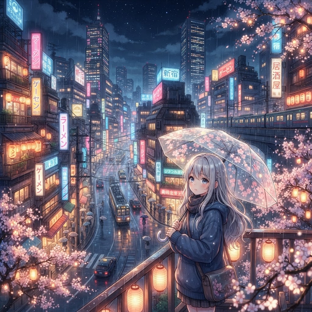 Intricate anime cityscape at night, neon lights, rain-slicked streets, towering skyscrapers, vibrant color palette, cinematic wide shot, detailed background art, high fidelity, professional anime style.