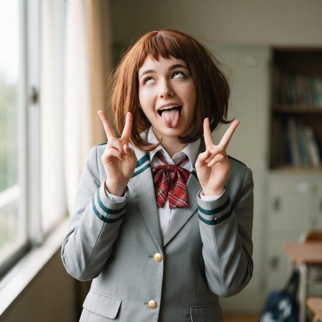 My Hero Academia anime style, Ochako Uraraka, 1girl, young, big brown eyes, short brown hair with baby bangs, school uniform, solo, full body, standing, eyes rolled back, open mouth, tongue out, doing the v