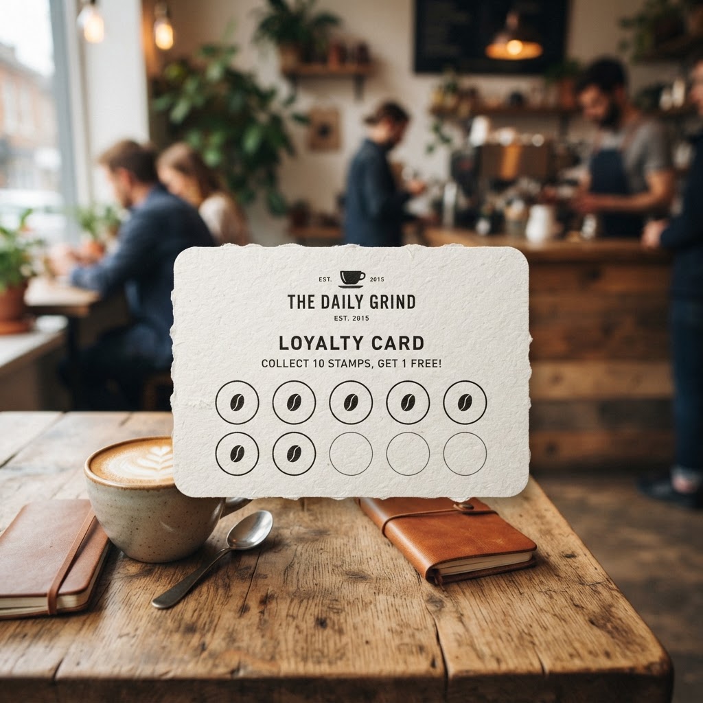 A minimalist coffee shop loyalty card on thick matte paper, clean layout, space for stamps, organic texture, bright natural light, top-down view, cozy coffee shop vibe.