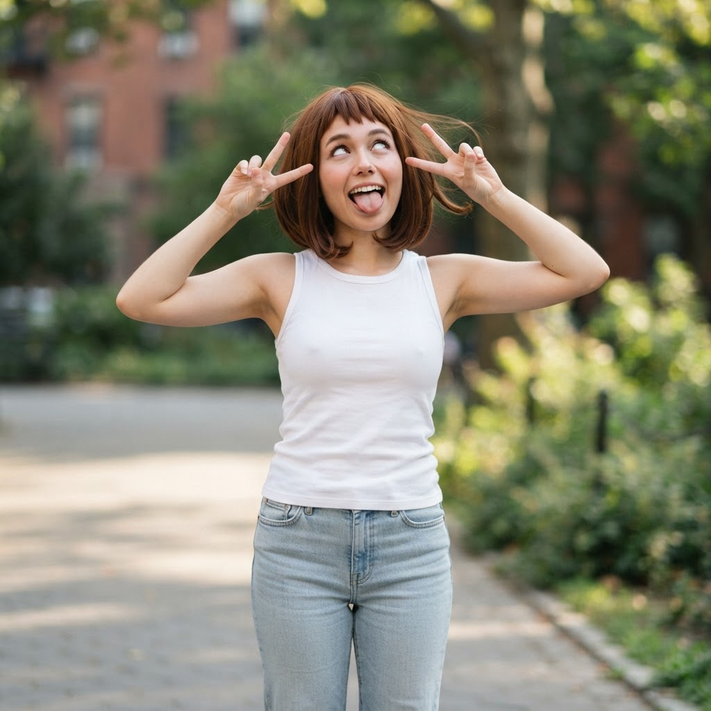 My Hero Academia, Ochako Uraraka, 1girl, young, big brown eyes, short brown hair with baby bangs, sleeveless white tank top, medium breasts, solo, full body, standing, eyes rolled back, open mouth, tongue out, doing the v