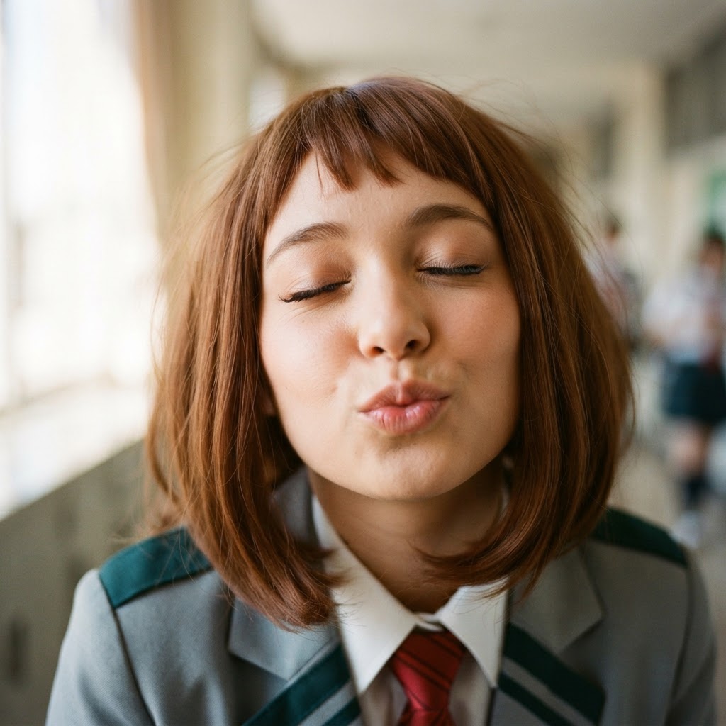 My Hero Academia, Ochako Uraraka, 1girl, young, short brown hair with baby bangs, medium breasts, school uniform, solo, face focus, closed eyes, kissing the camera 