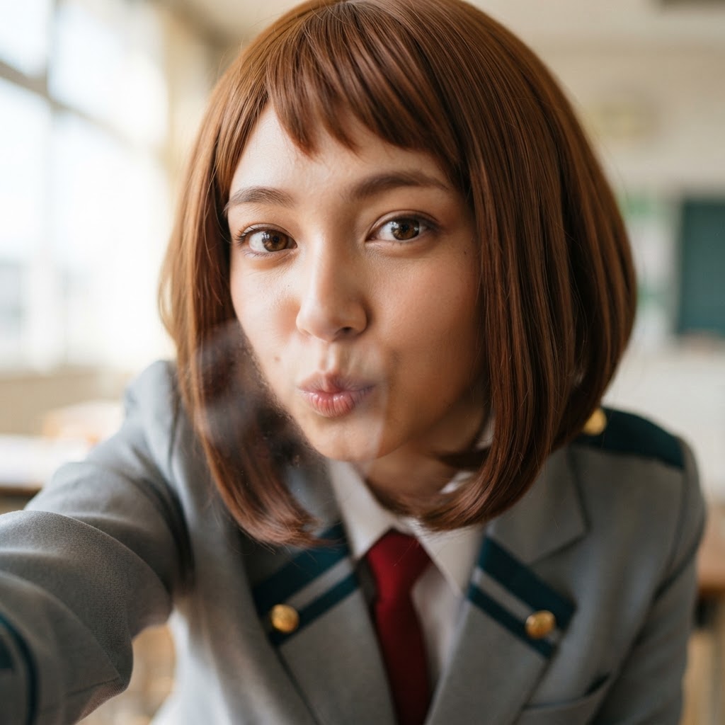My Hero Academia, Ochako Uraraka, 1girl, young, big brown eyes, short brown hair with baby bangs, school uniform, solo, face focus, looking at viewer, eye contact, kissing the camera 