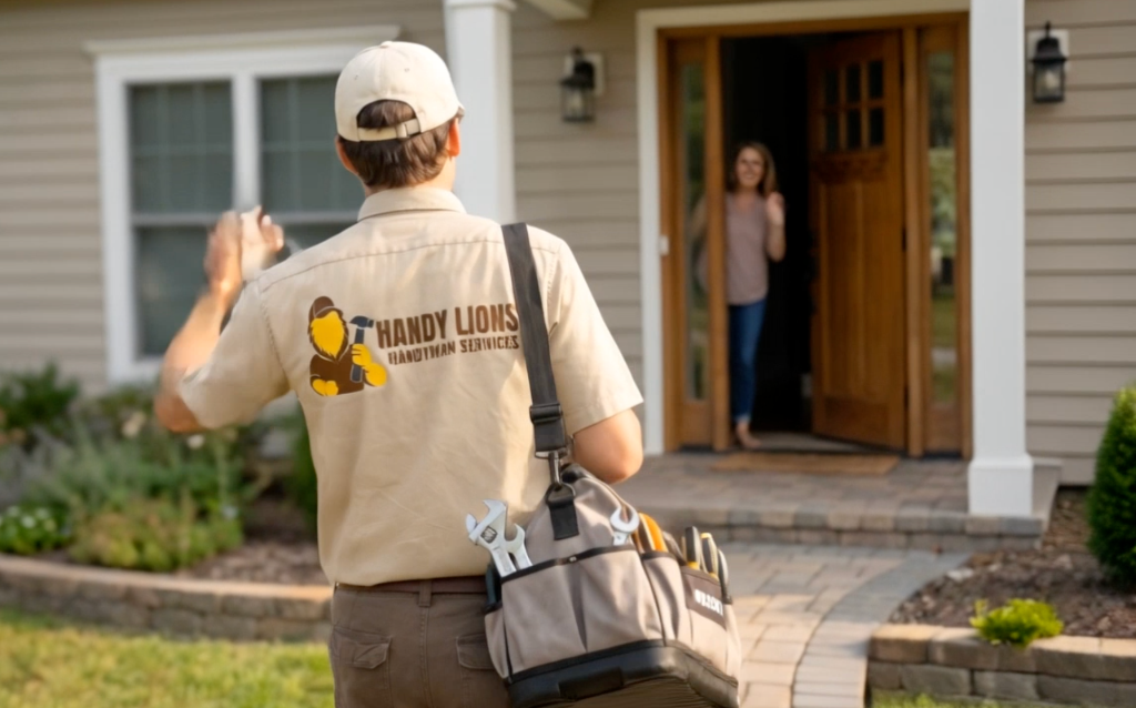 Handy Lions handyman approaching a home