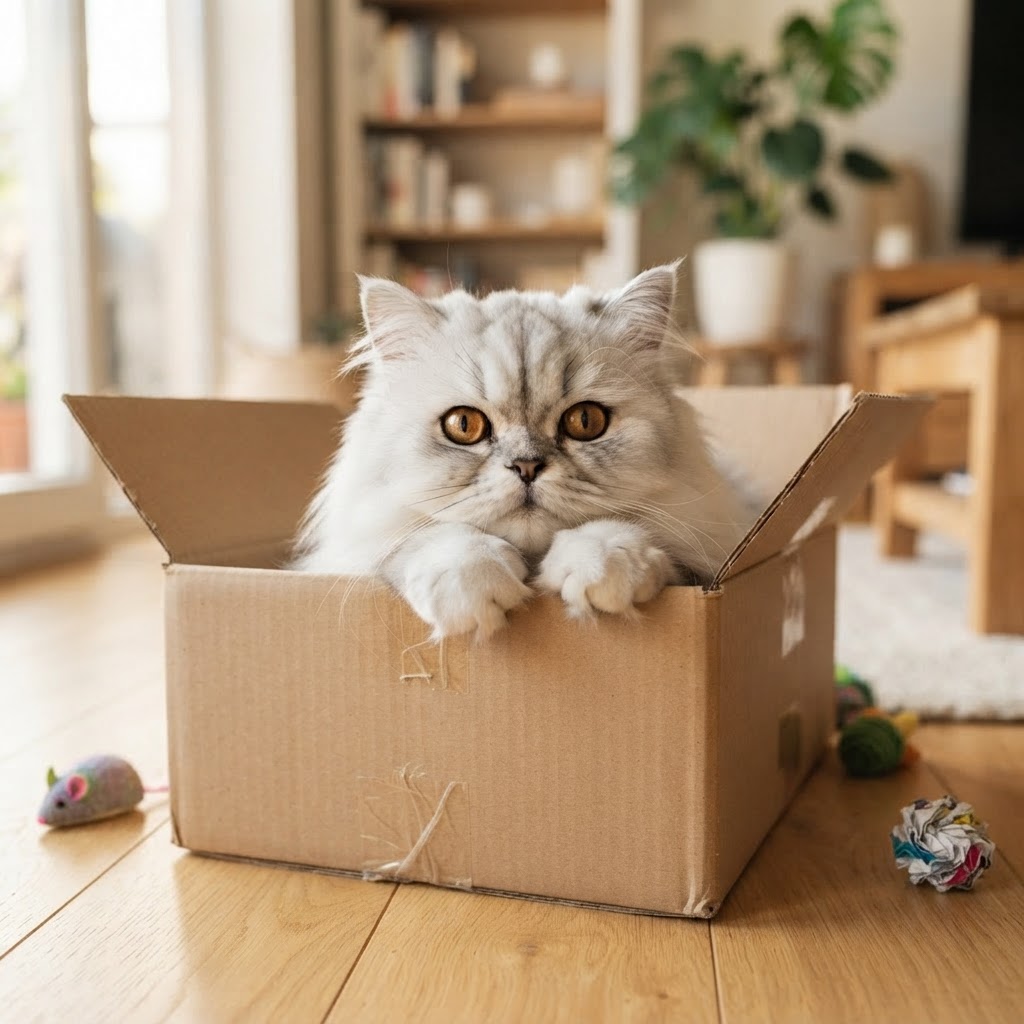 Peeking out from a cardboard box