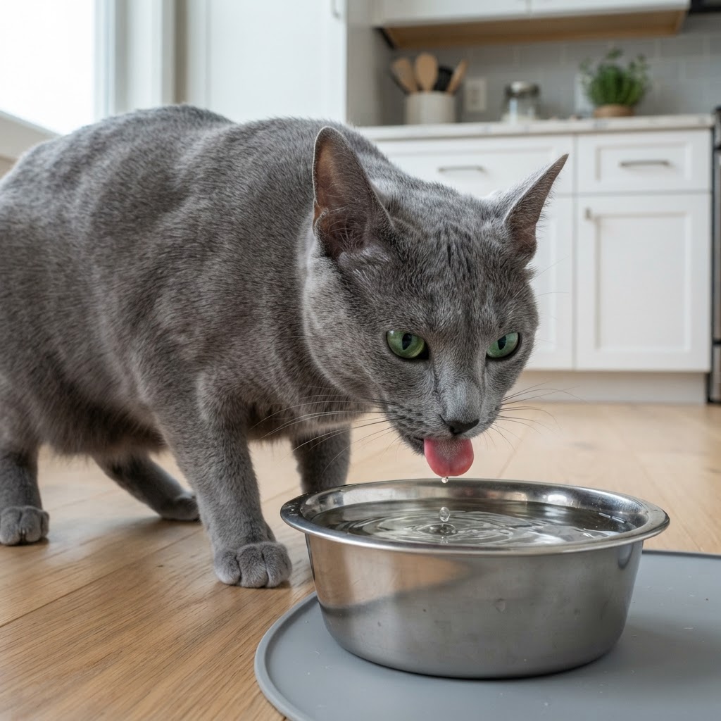 Drinking water from a stainless steel bowl