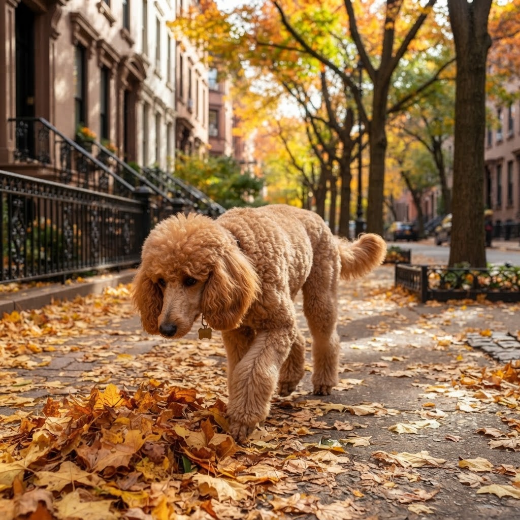 Standard Poodle - Walking Through Autumn Leaves