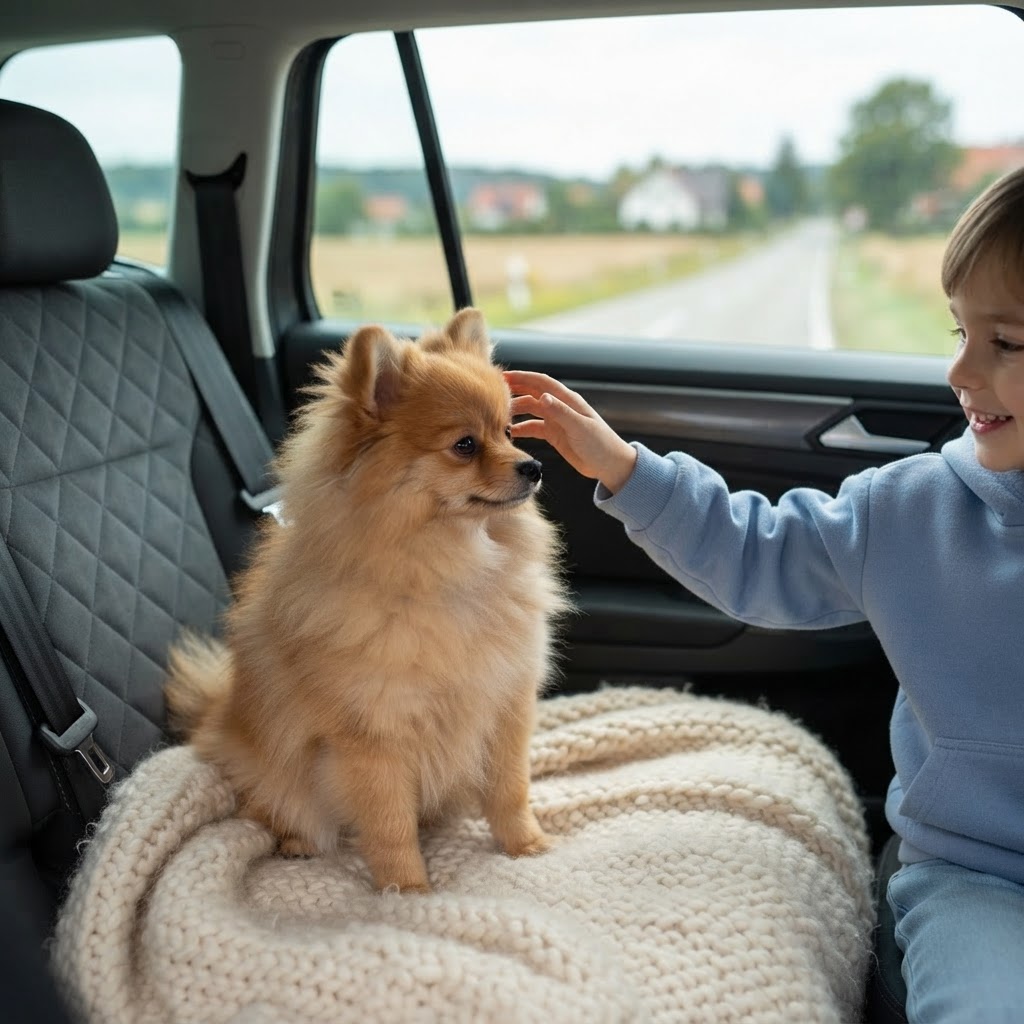 On a blanket in the back seat, heading home