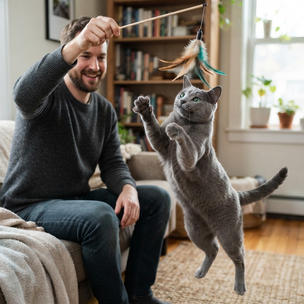 Playing with a man dangling a feather wand