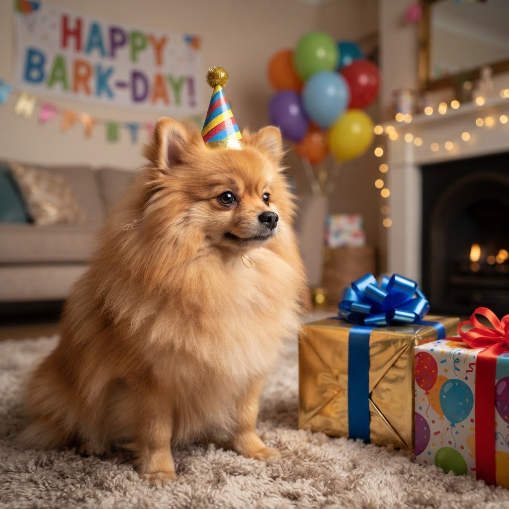 Wearing a party hat beside wrapped gift boxes
