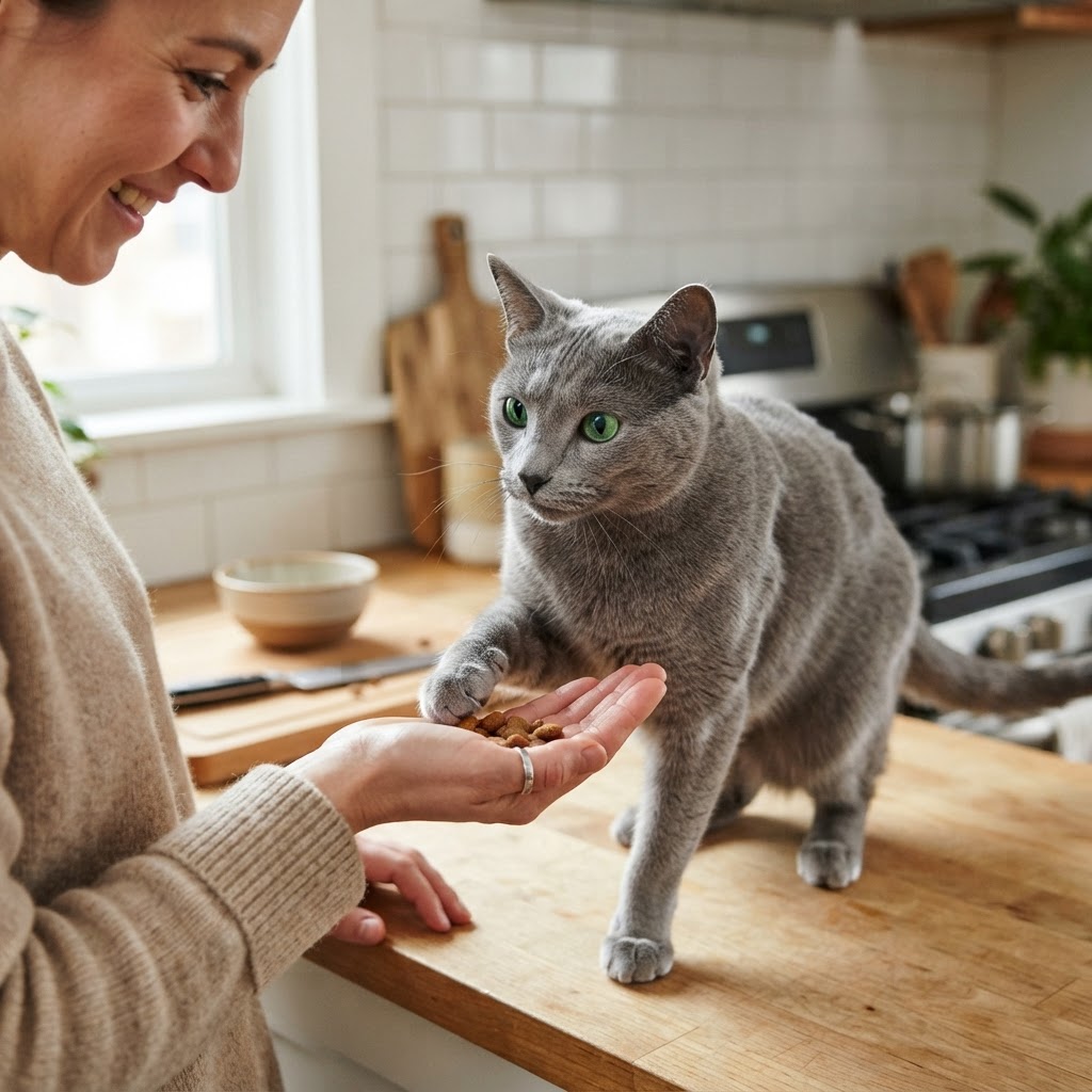Receiving treats from a woman's hand