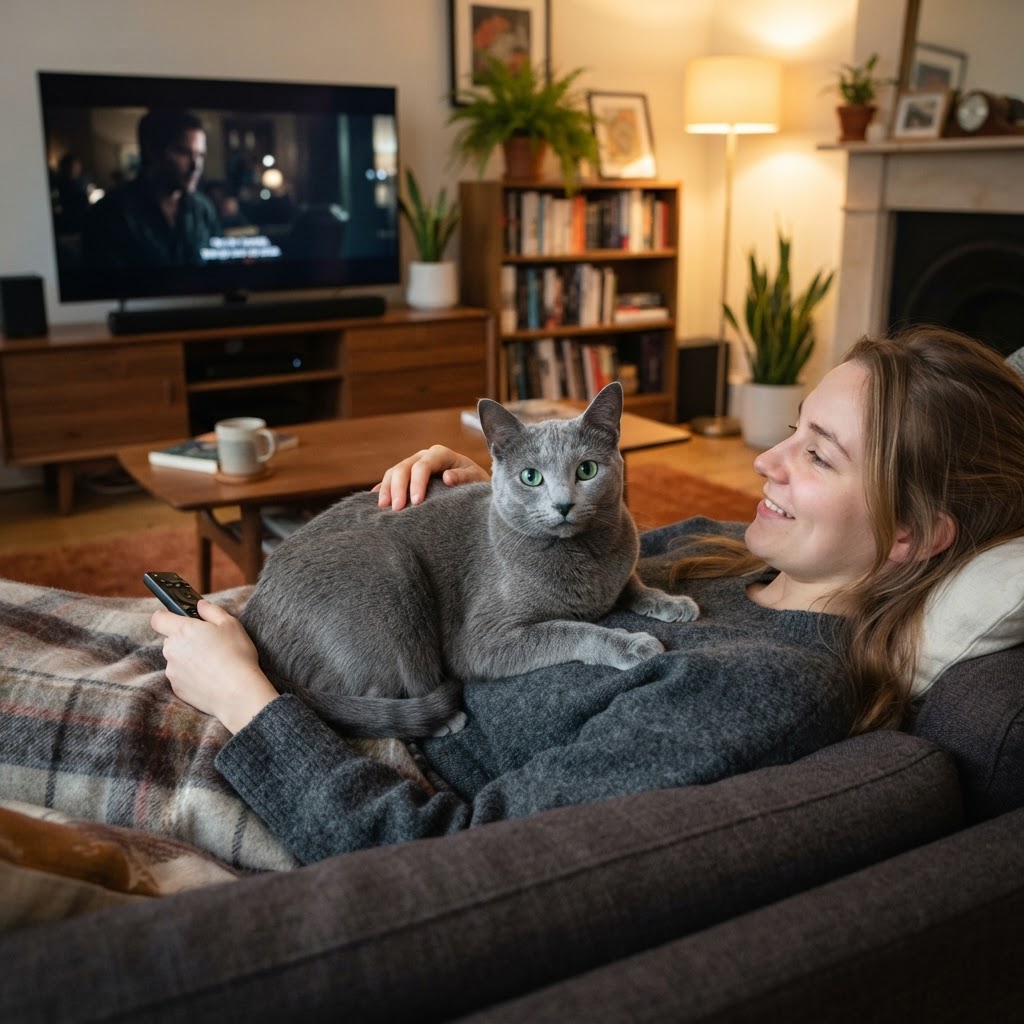 Resting on a woman's chest on the couch