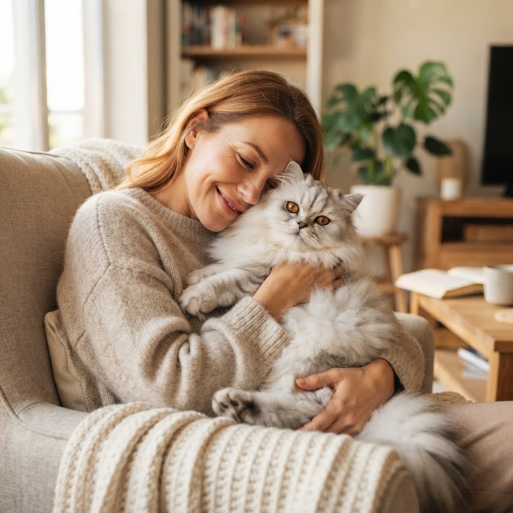 Being cuddled by a woman, cheek to fur