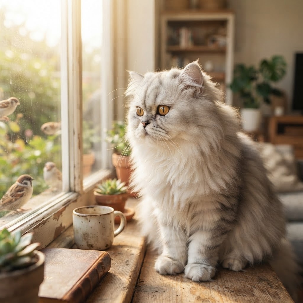 Sitting on windowsill watching birds outside