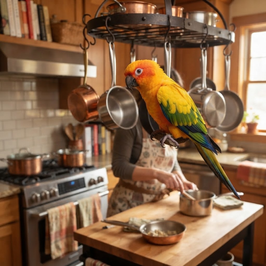 Helping owner cook, perched on pot rack