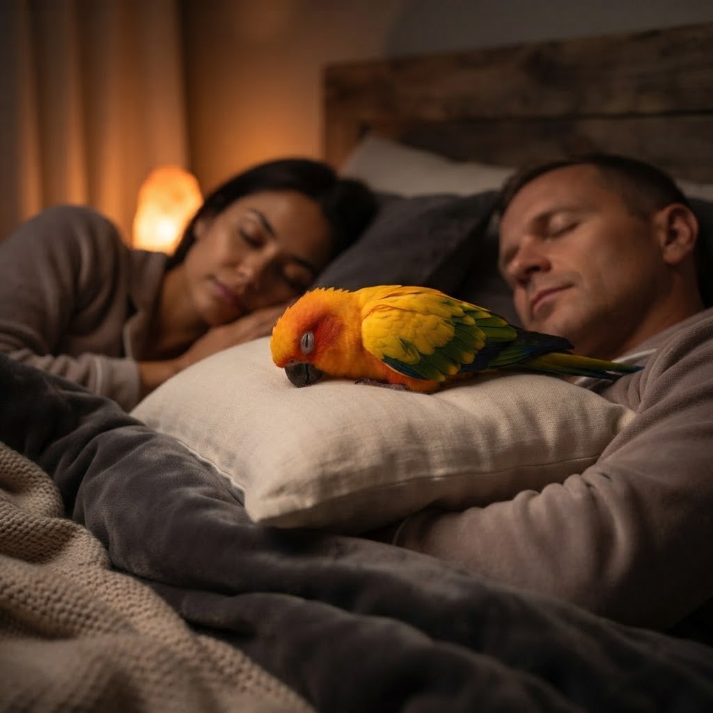 Nestled on pillow between sleeping owners