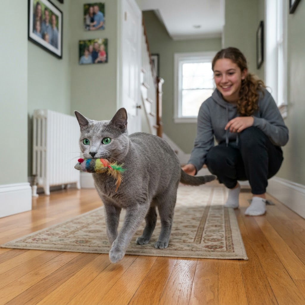 Playing fetch with a teenager in the hallway