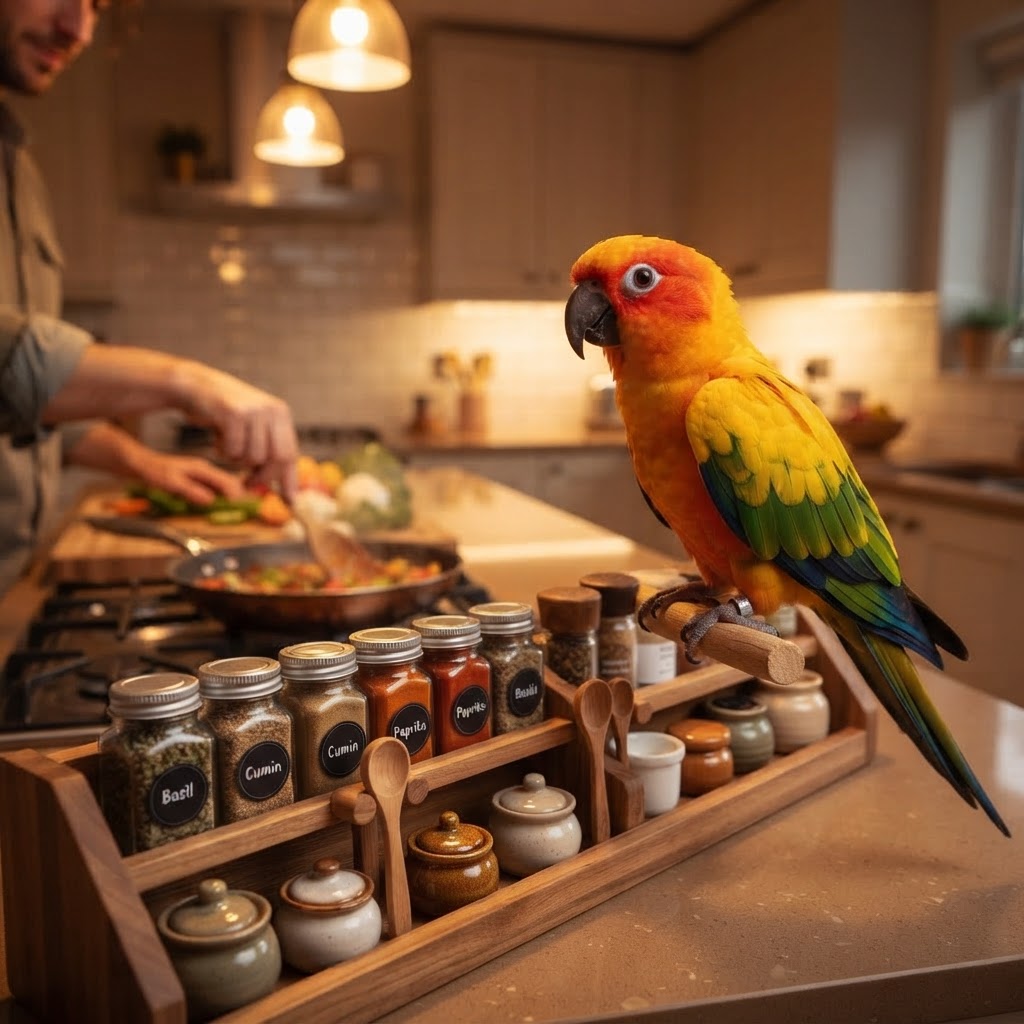 Perched on kitchen spice rack during dinner prep