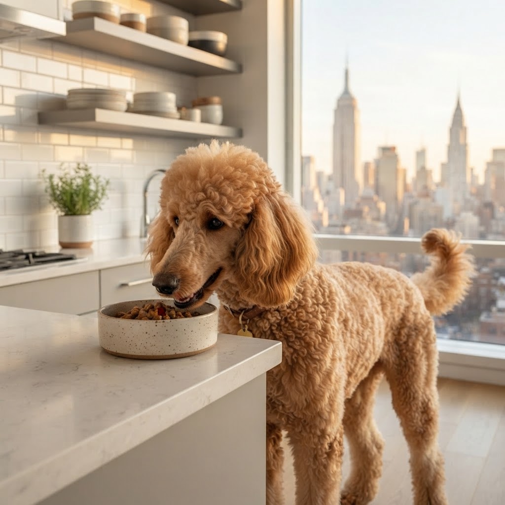 Standard Poodle - Eating from Food Bowl
