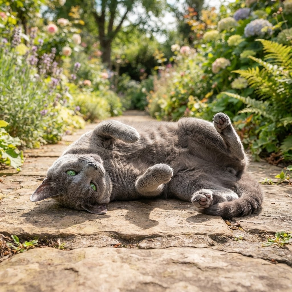 Rolling on a warm stone path in the garden