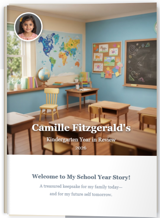 An actual ClassBook — a child's Kindergarten school year preserved as a beautifully illustrated keepsake book