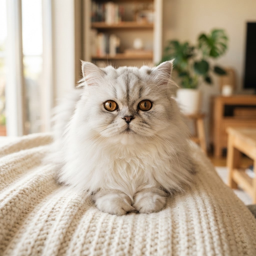 Portrait — sitting elegantly on a cream blanket in sunlit living room