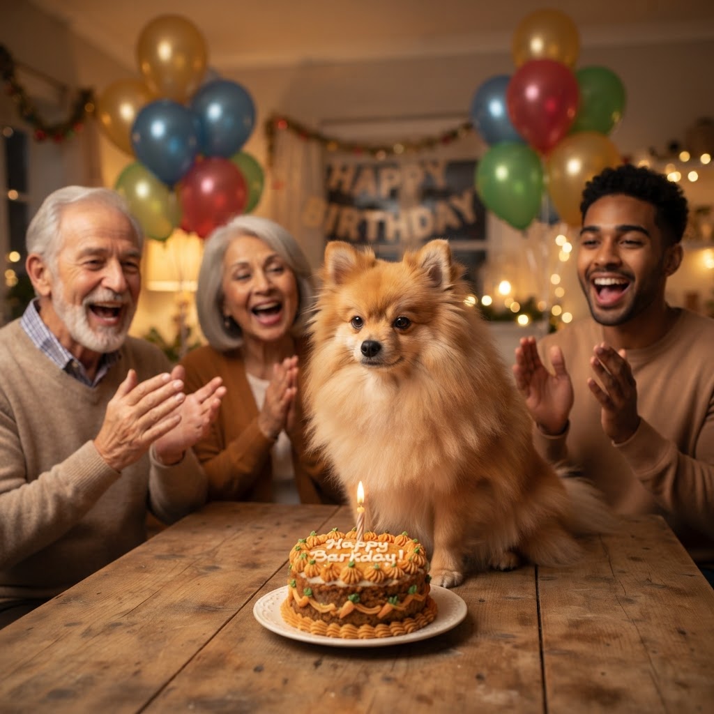 In front of a dog-friendly birthday cake, family singing