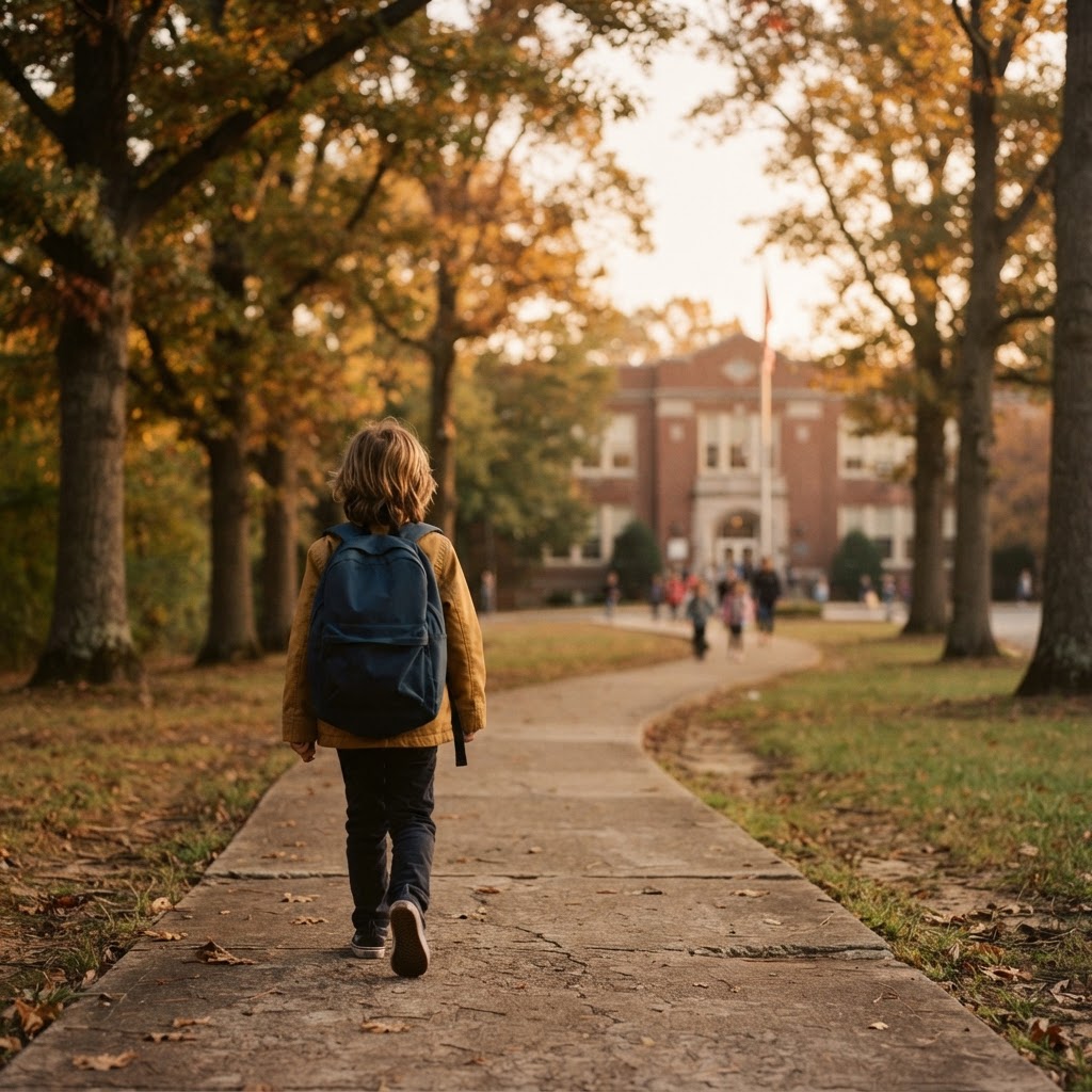 A young child with a backpack walking to school in warm morning light, seen from behind
