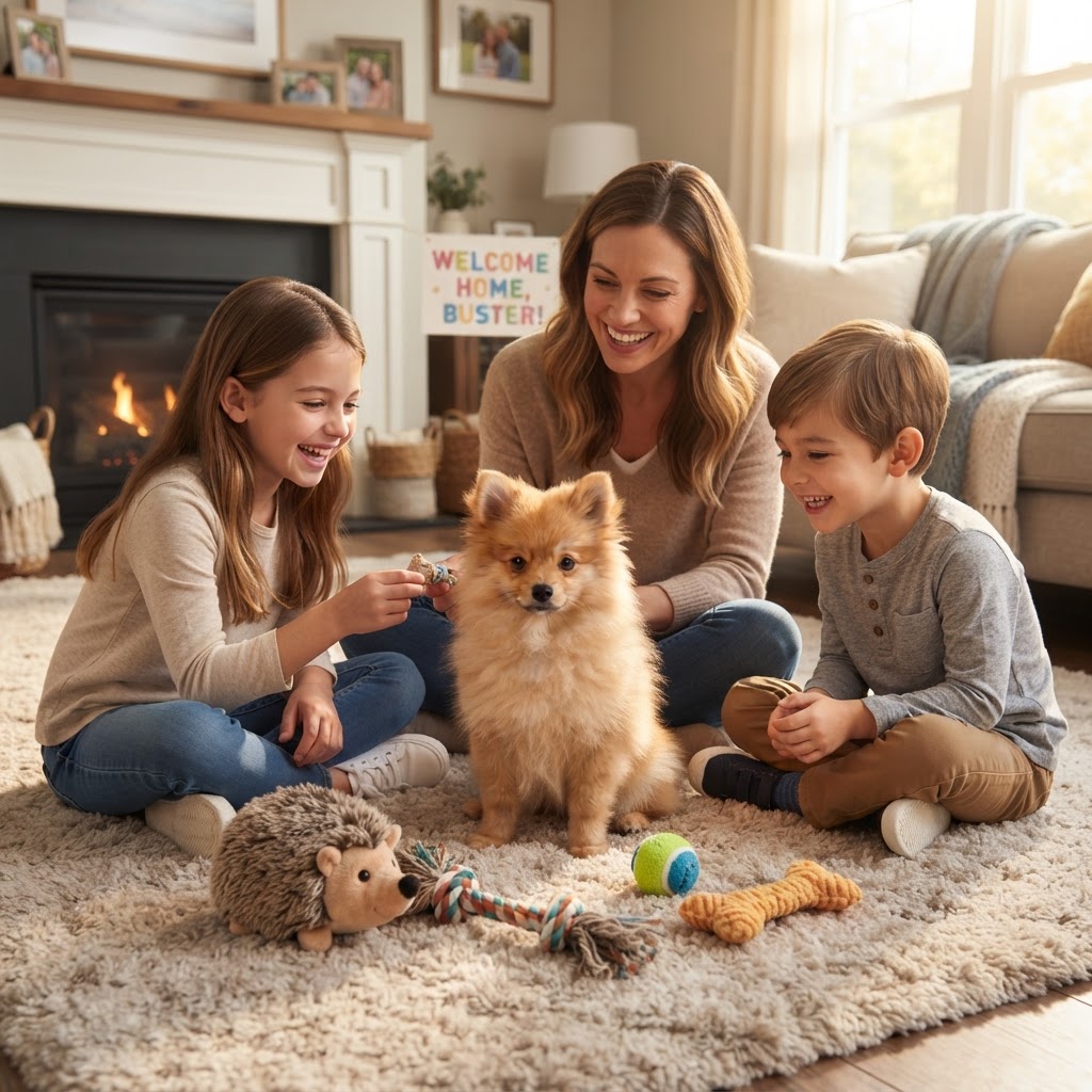 Meeting new toys on the living room floor