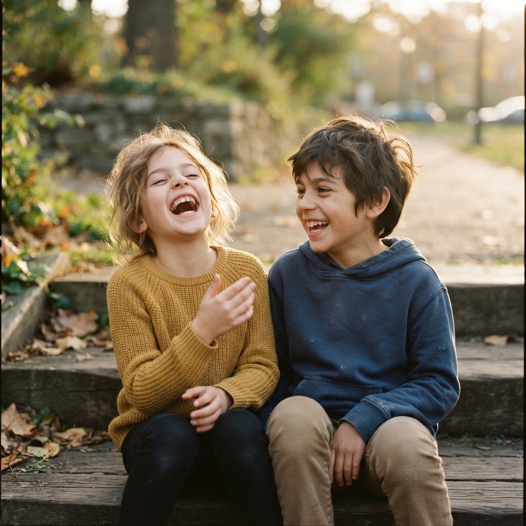 Two children laughing together outdoors at school in warm afternoon light