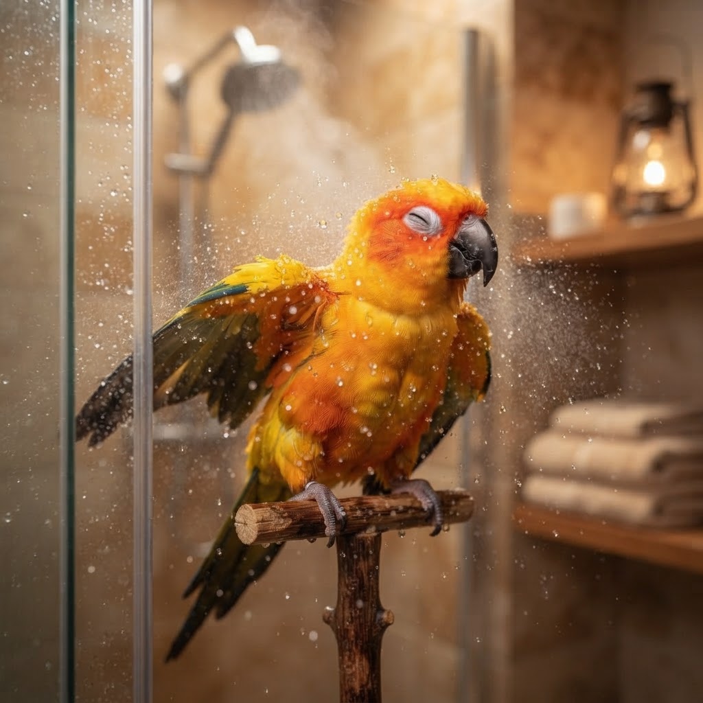 Taking a gentle mist shower in bathroom