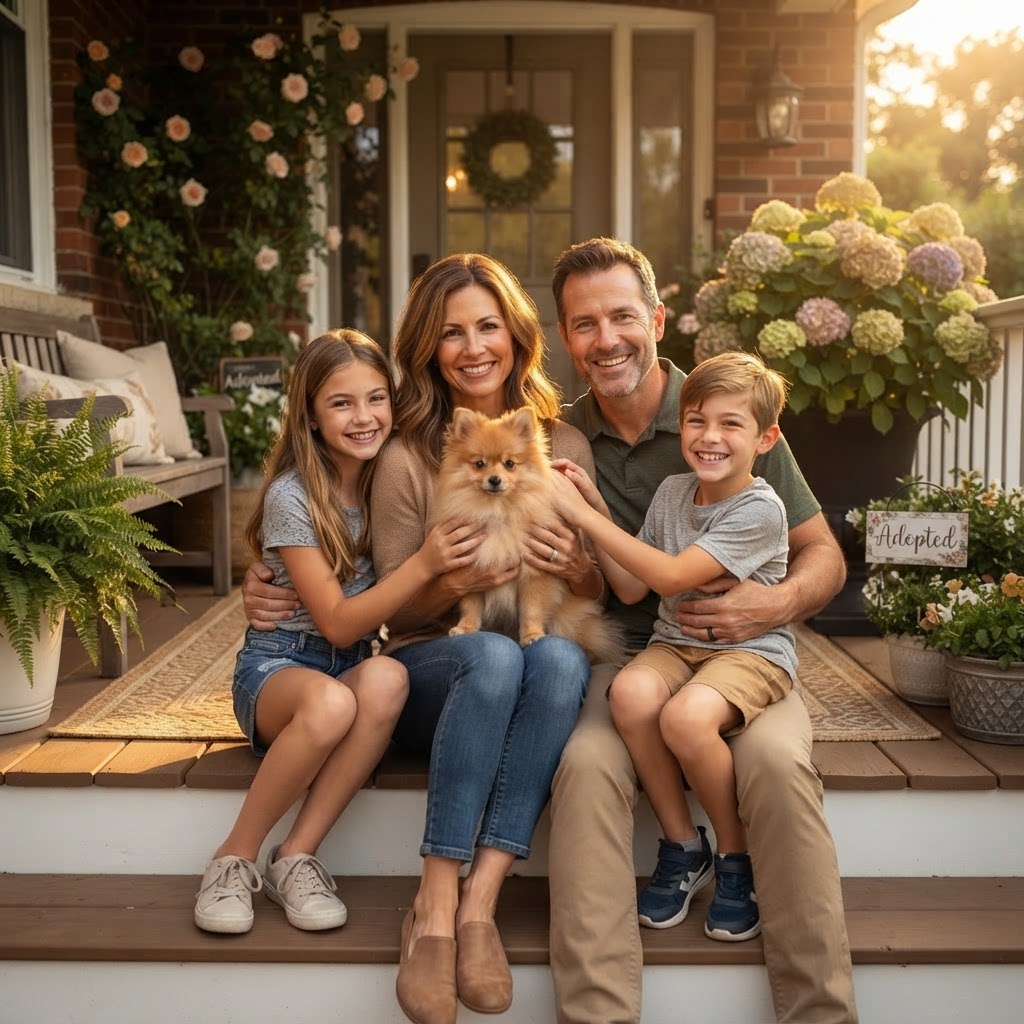 Family group photo on the front porch with the new puppy