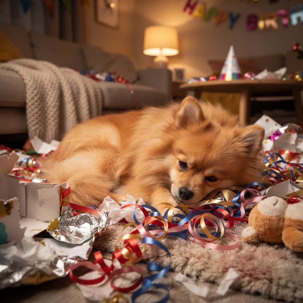 Curled up on wrapping paper after opening gifts