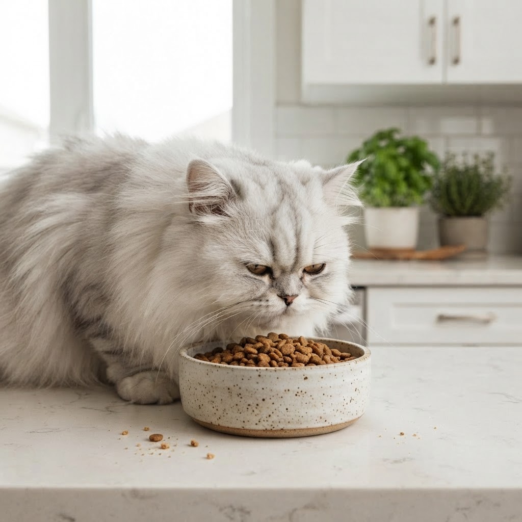 Eating from a ceramic food bowl in the kitchen
