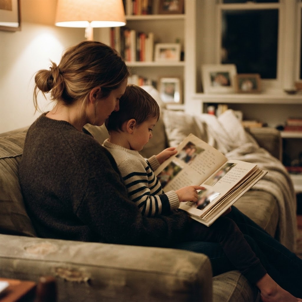 A parent and child looking through a keepsake book together in warm evening light