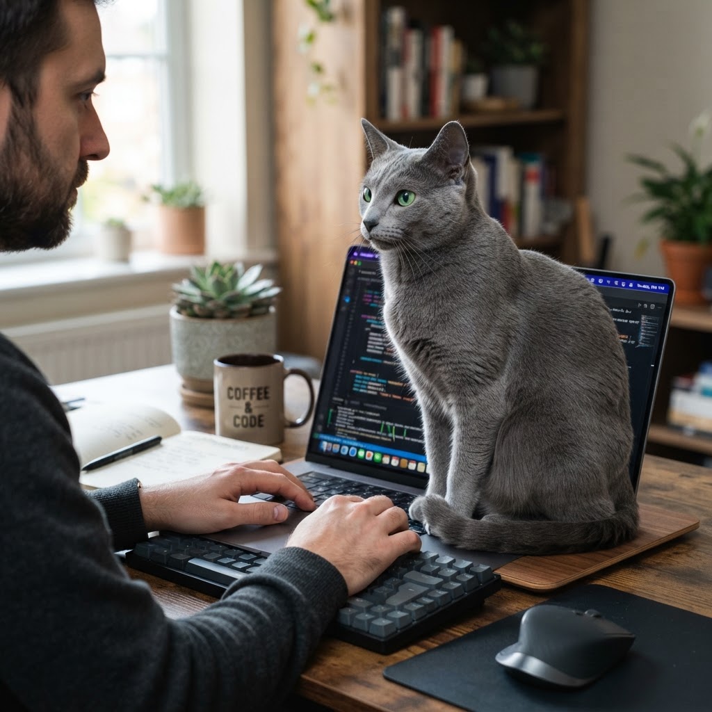 Sitting on a man's desk while he works