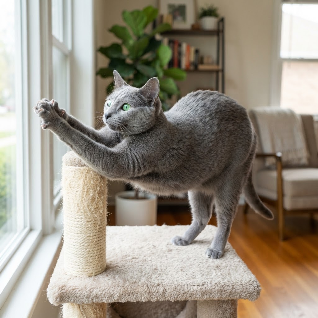 Stretching elegantly on a carpeted cat tree