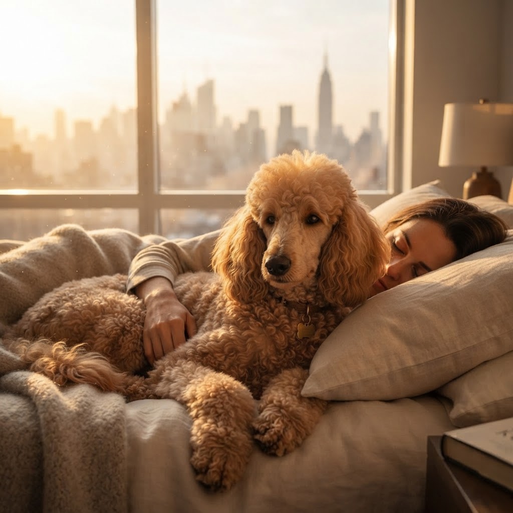 Standard Poodle - Snuggling in Bed at Sunrise