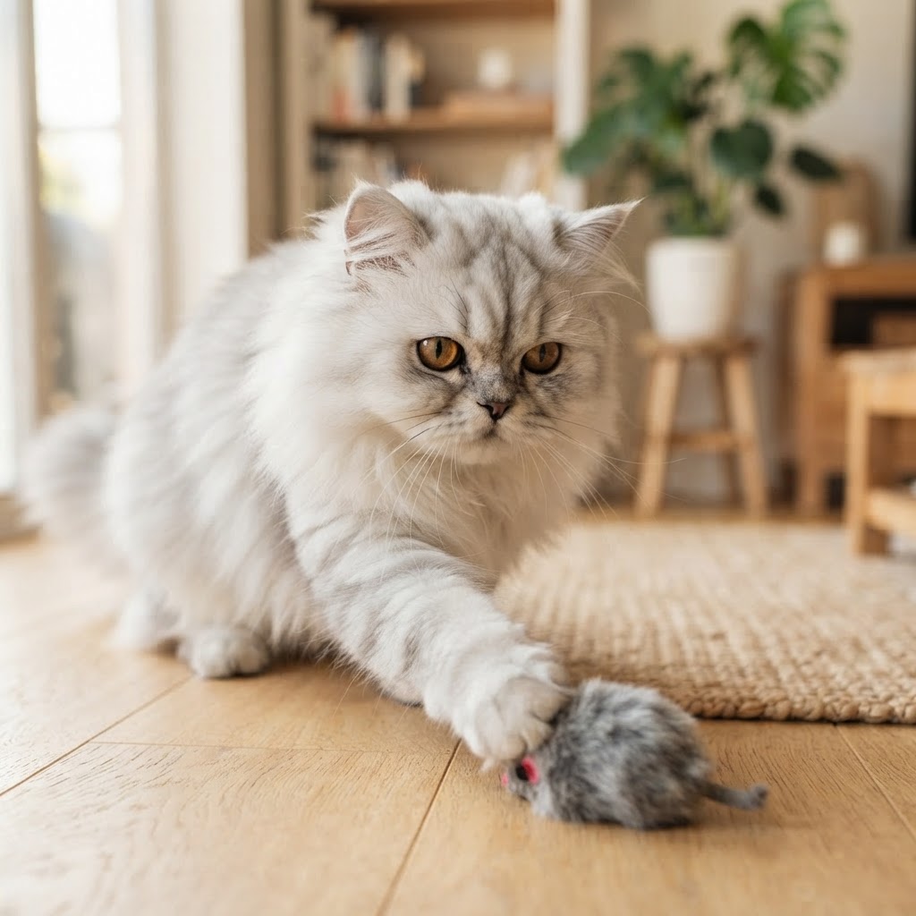 Playing with a small mouse toy on the floor