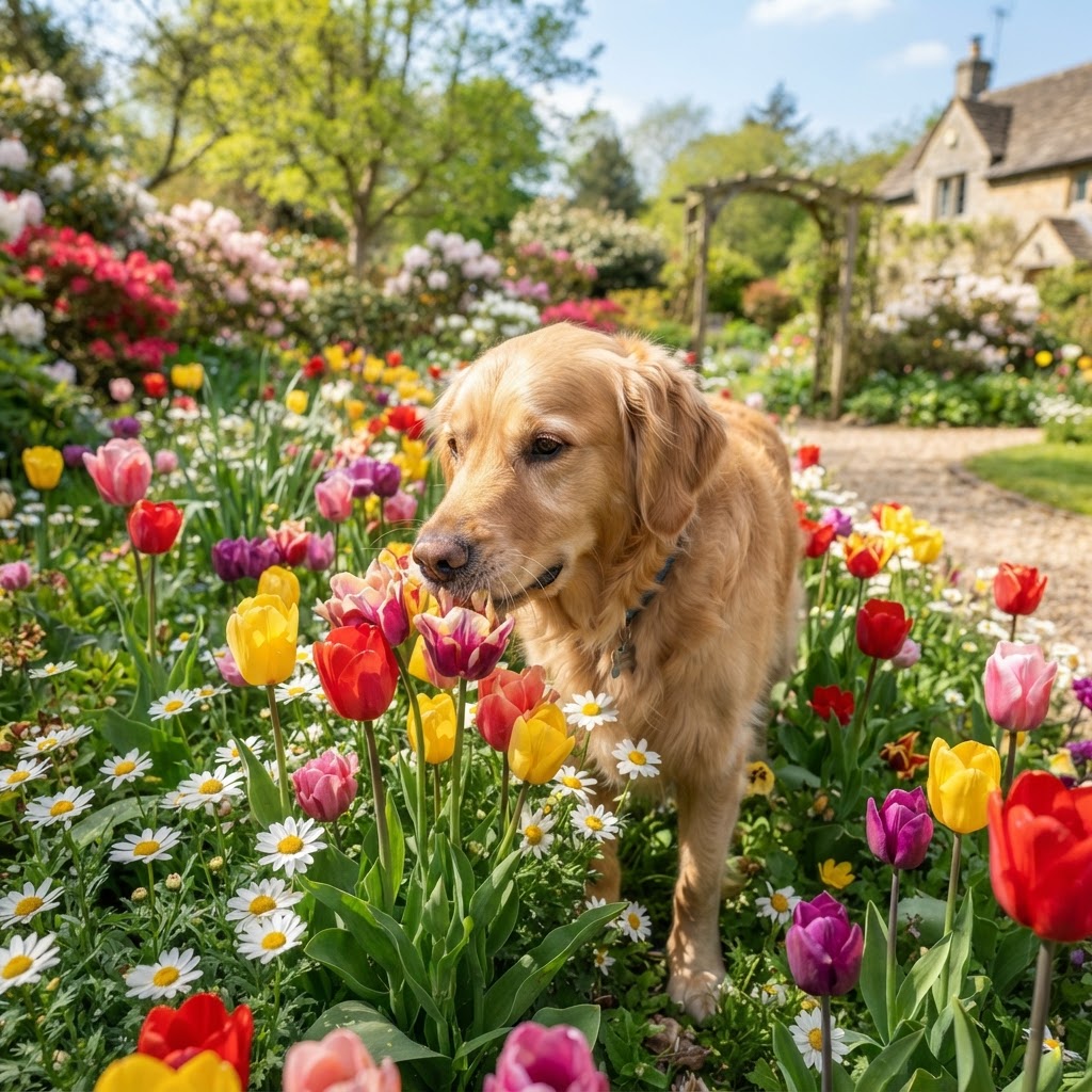 Golden Retriever - Sniffing Flowers