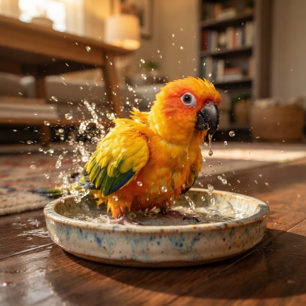 Bathing in shallow ceramic dish of water